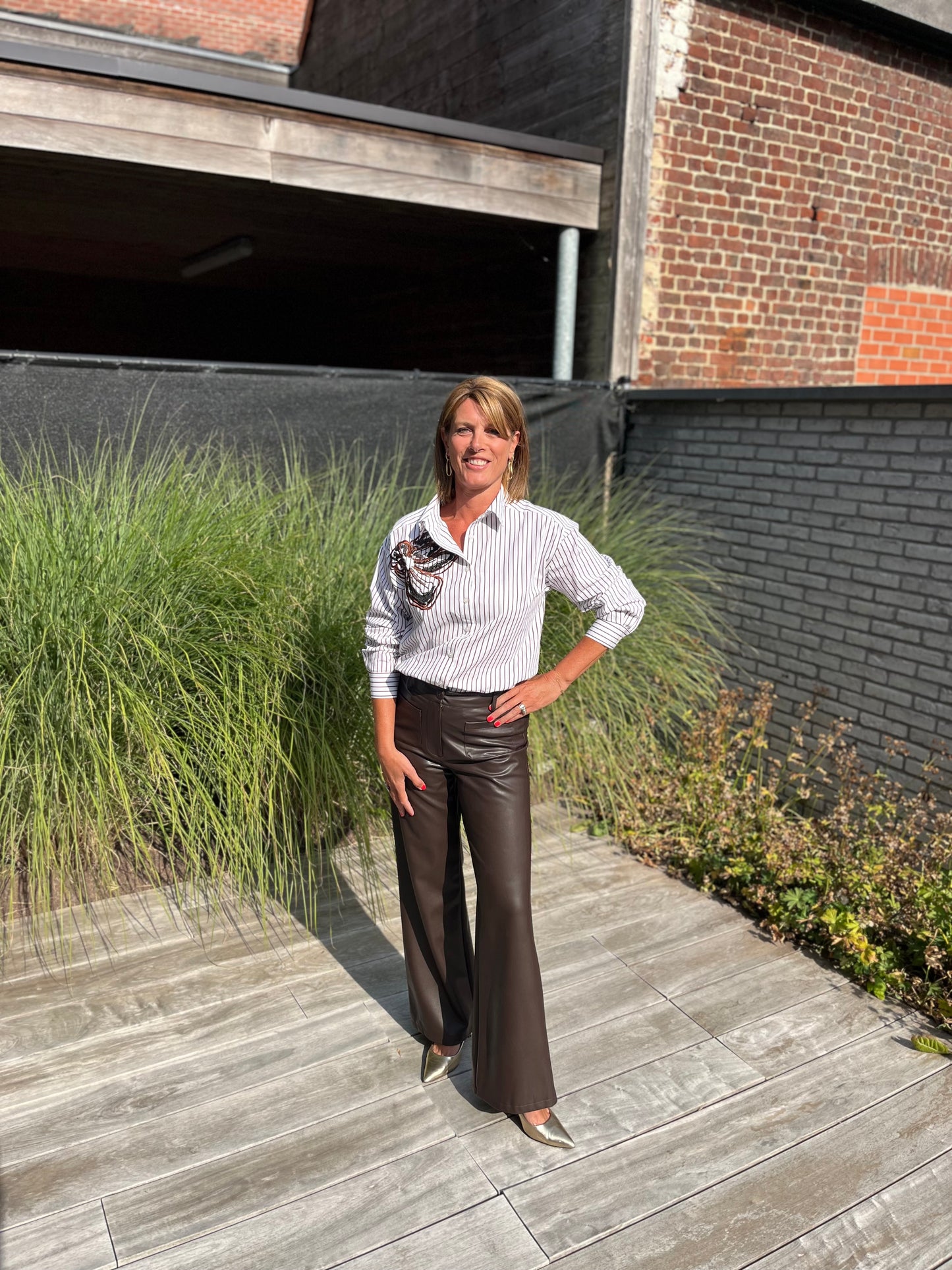 Senso - witte bloes bruine streepjes lange mouwen JIDAU S1941