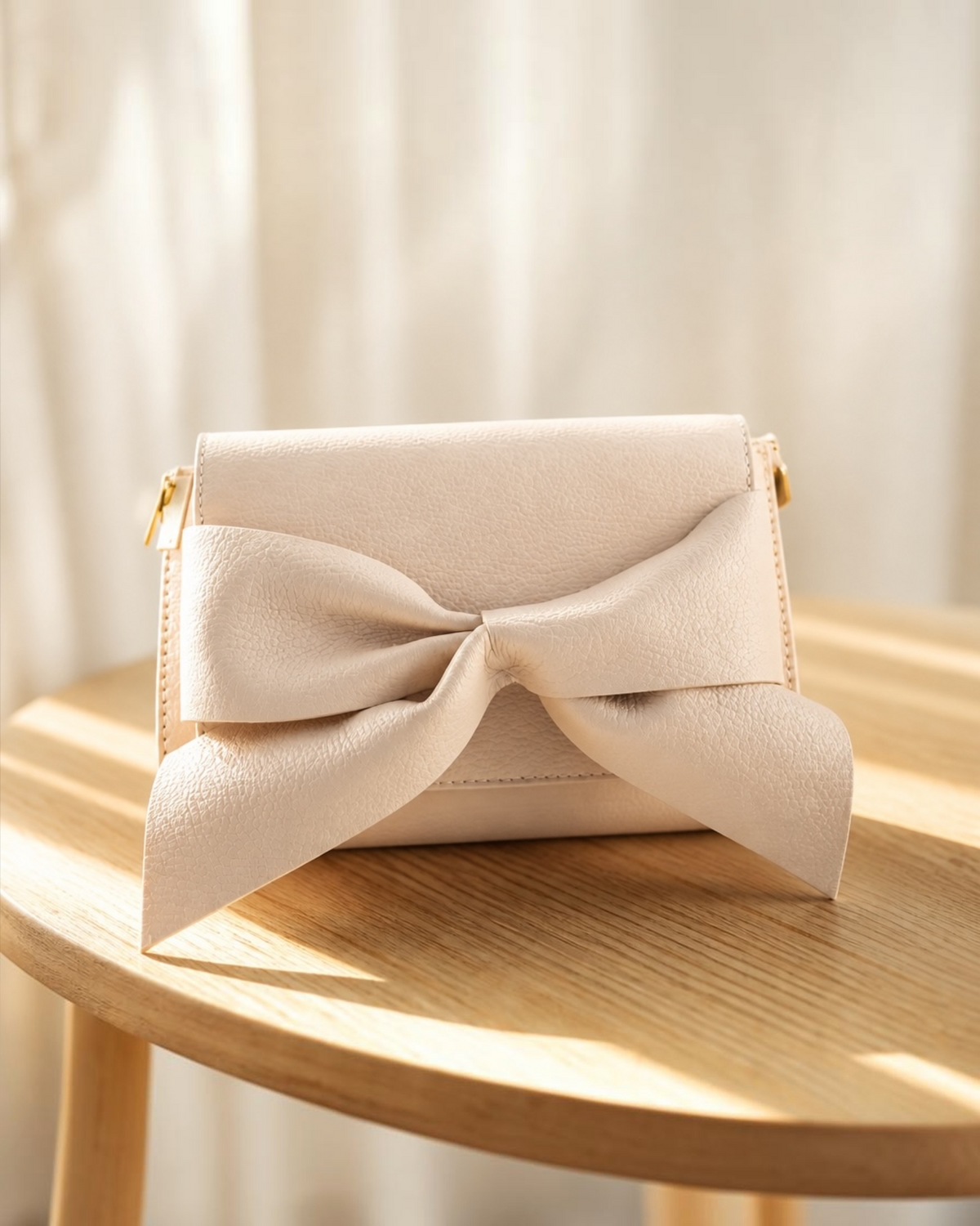 Lederen schoudertas met strik | Elegante crossbody damestas beige
