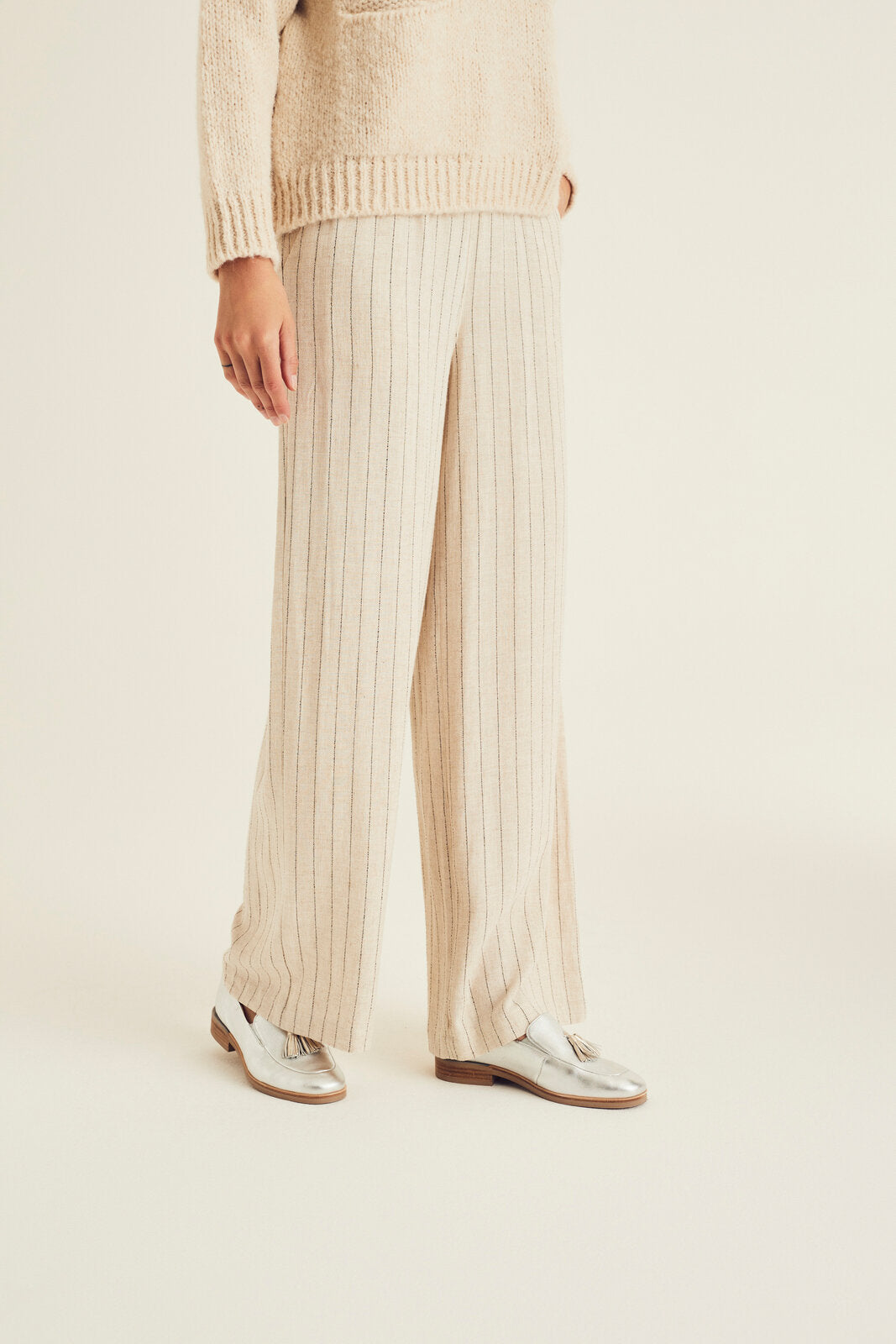 Beige linnen broek met strepen en losse fit PARIS - Terre Bleue