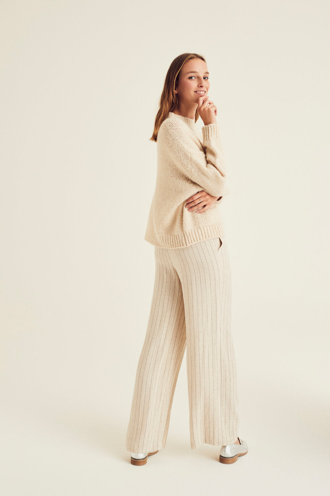 Beige linnen broek met strepen en losse fit PARIS - Terre Bleue