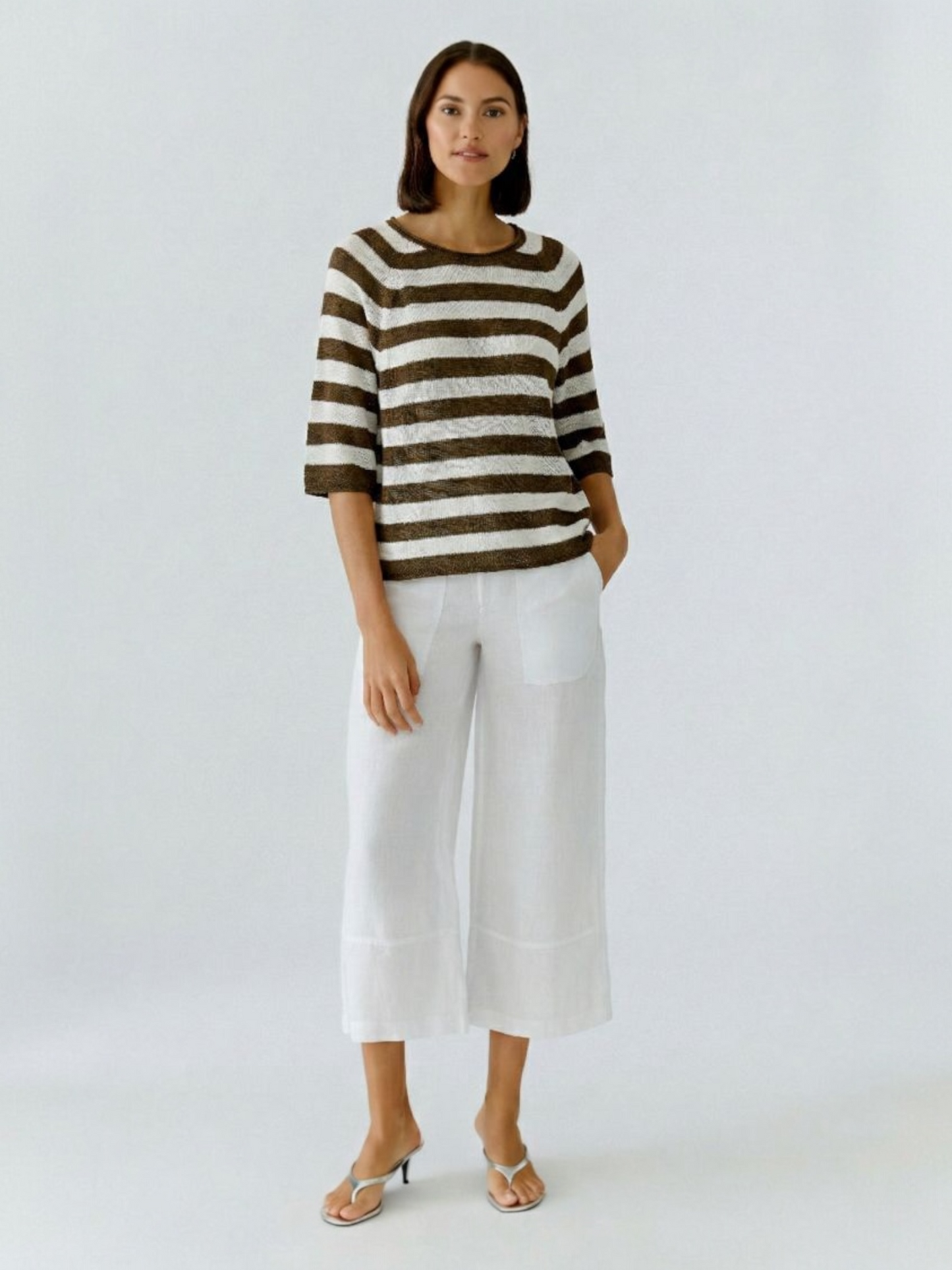 Oui - gestreepte pull ecru/bruin (97418)