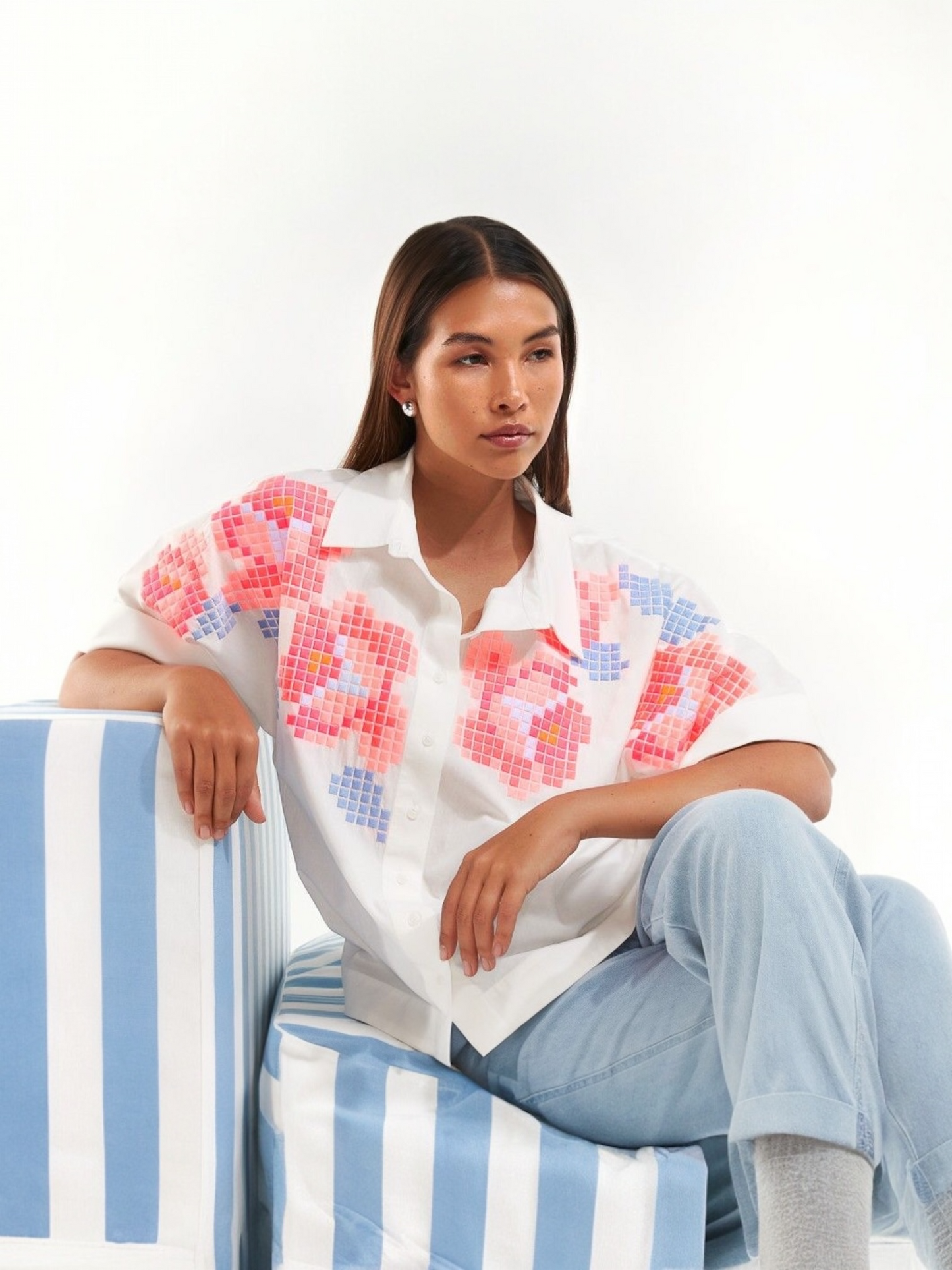 Senso - YLSE coral- witte bloes korte mouwen (S2325)
