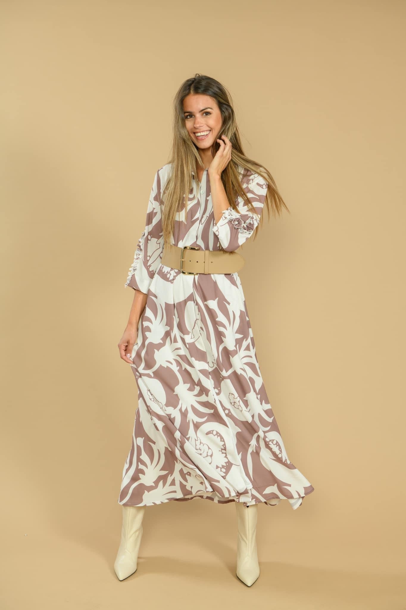 Lang kleed june wit/bruine print van Farah