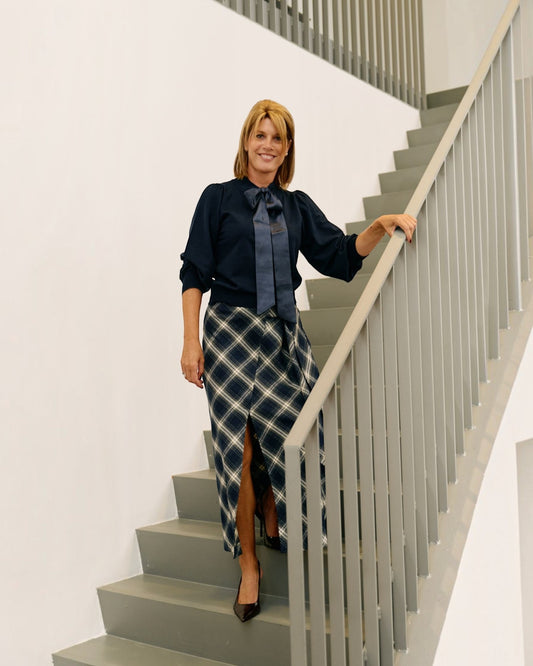 Lalotti Atlanta flanellen maxi rok navy checks | Geruite A-lijn rok dames