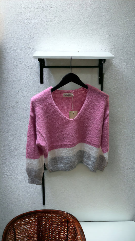 Pull v-hals mix roze/grijs/ecru