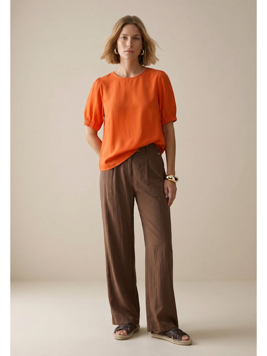 FYNCH HATTON - KATOENEN BLOUSE MET POFMOUWEN EN RONDE HALS