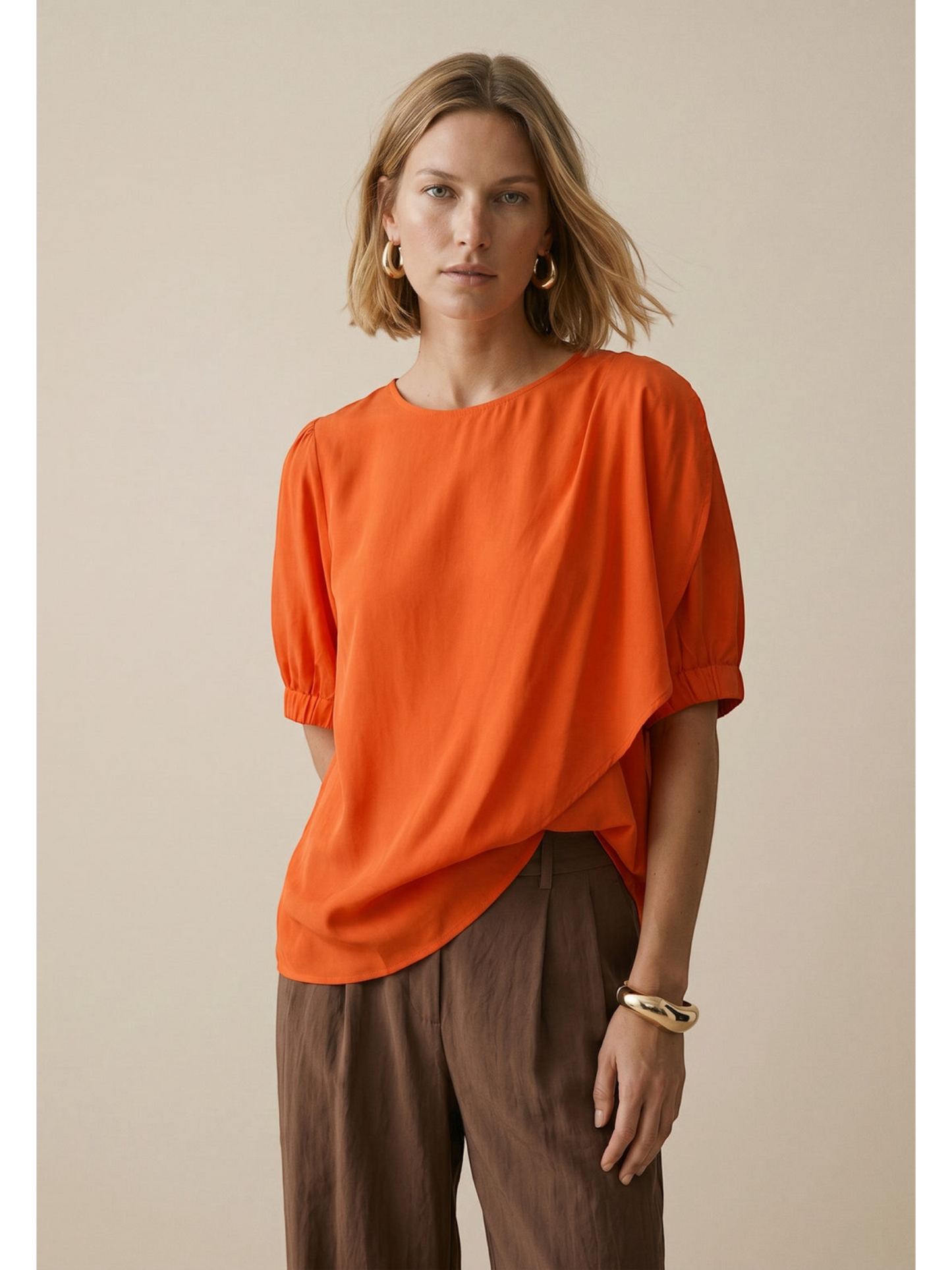 FYNCH HATTON - KATOENEN BLOUSE MET POFMOUWEN EN RONDE HALS