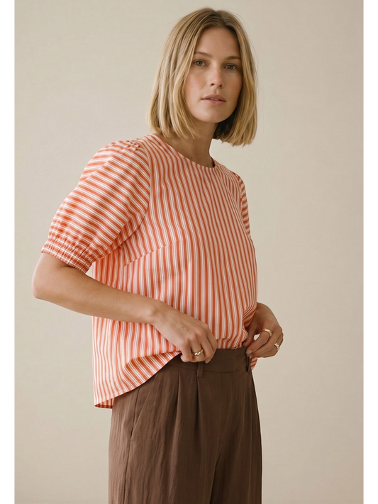 FYNCH HATTON- KATOENEN BLOUSE MET STREEPJESPATROON EN POFMOUWEN