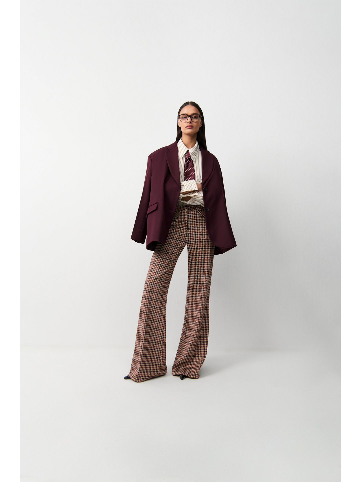 CAMBIO Famous geruite flared broek – bruin/bordeaux