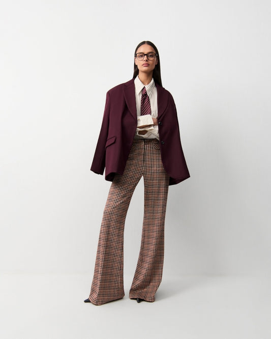 CAMBIO Famous geruite flared broek – bruin/bordeaux