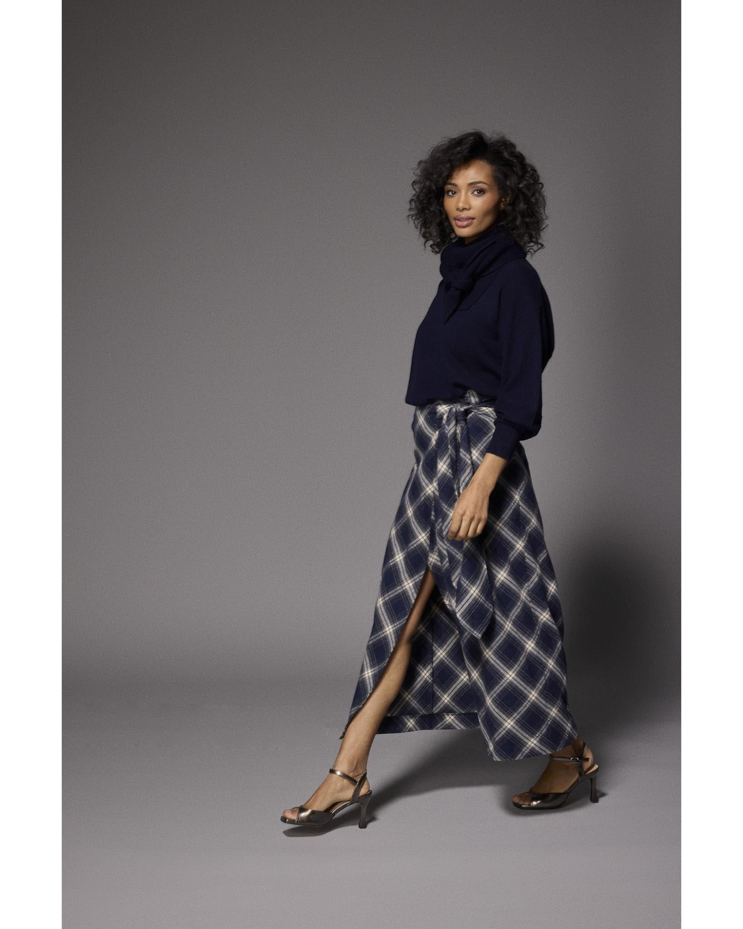 Lalotti Atlanta flanellen maxi rok navy checks | Geruite A-lijn rok dames