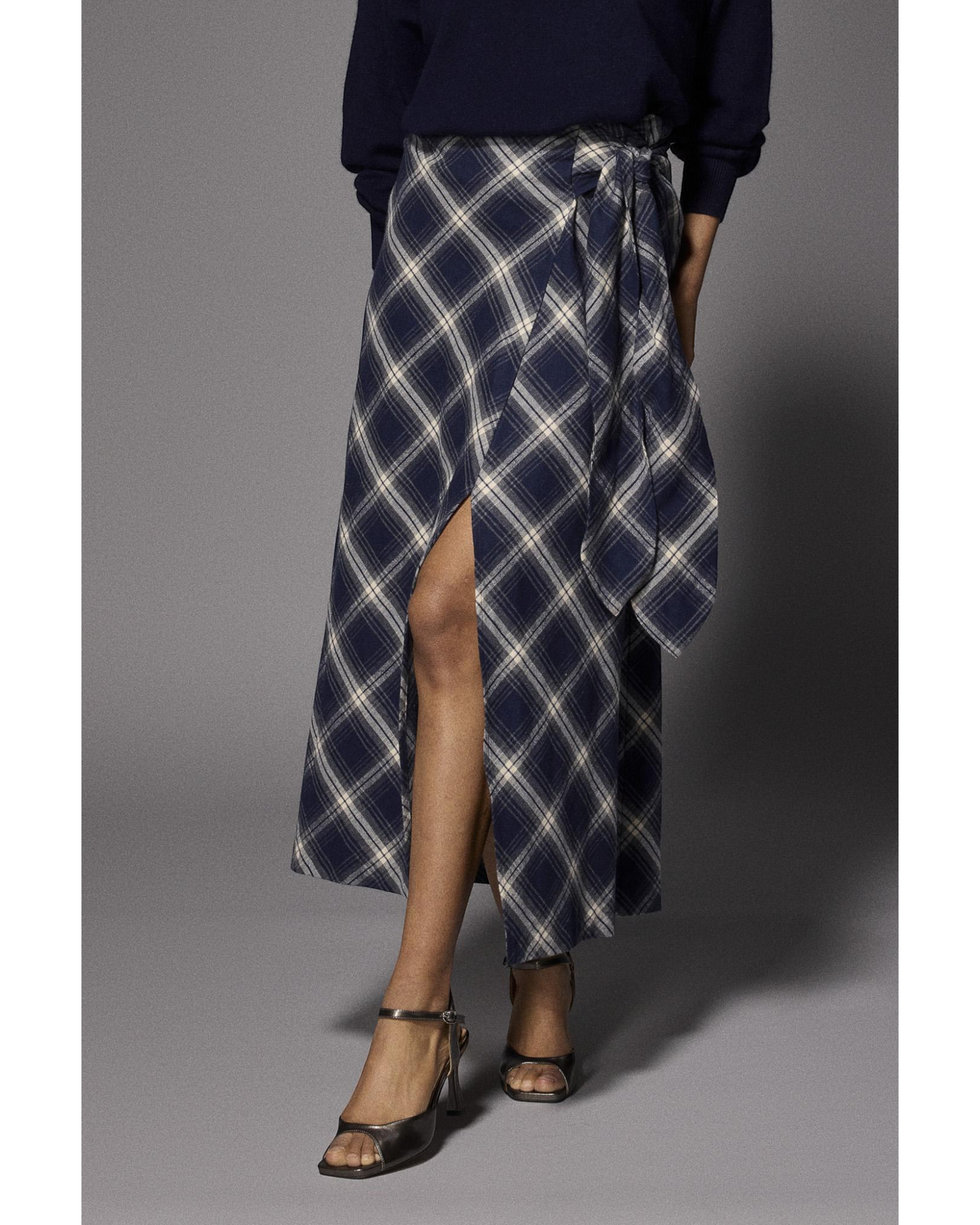 Lalotti Atlanta flanellen maxi rok navy checks | Geruite A-lijn rok dames