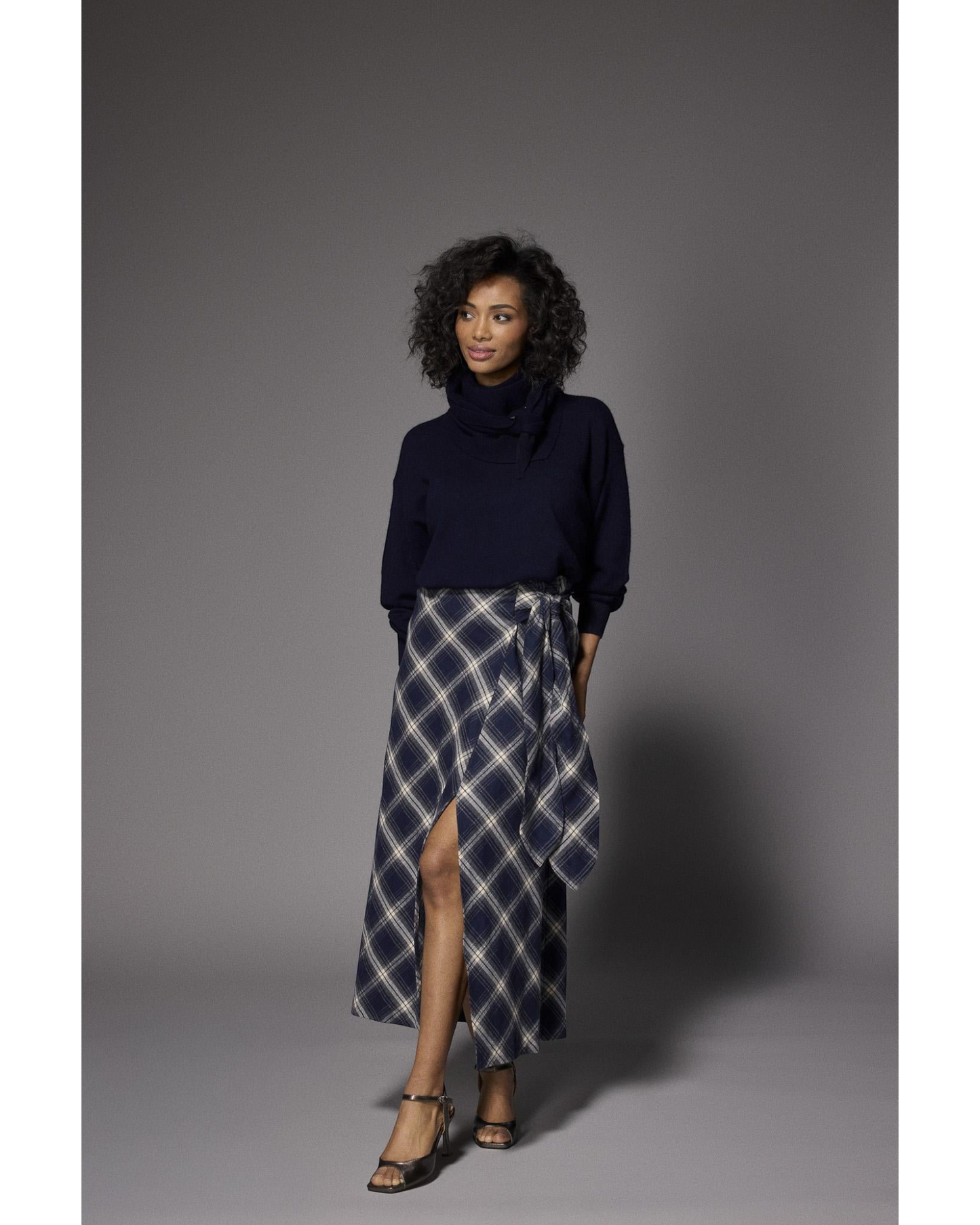 Lalotti Atlanta flanellen maxi rok navy checks | Geruite A-lijn rok dames