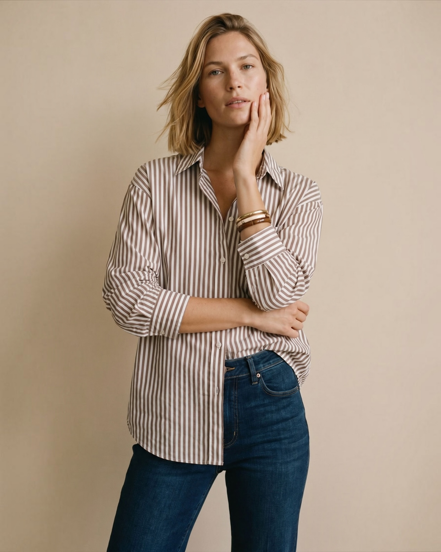 Fynch-Hatton gestreepte blouse in katoen-lyocellmix | Beige