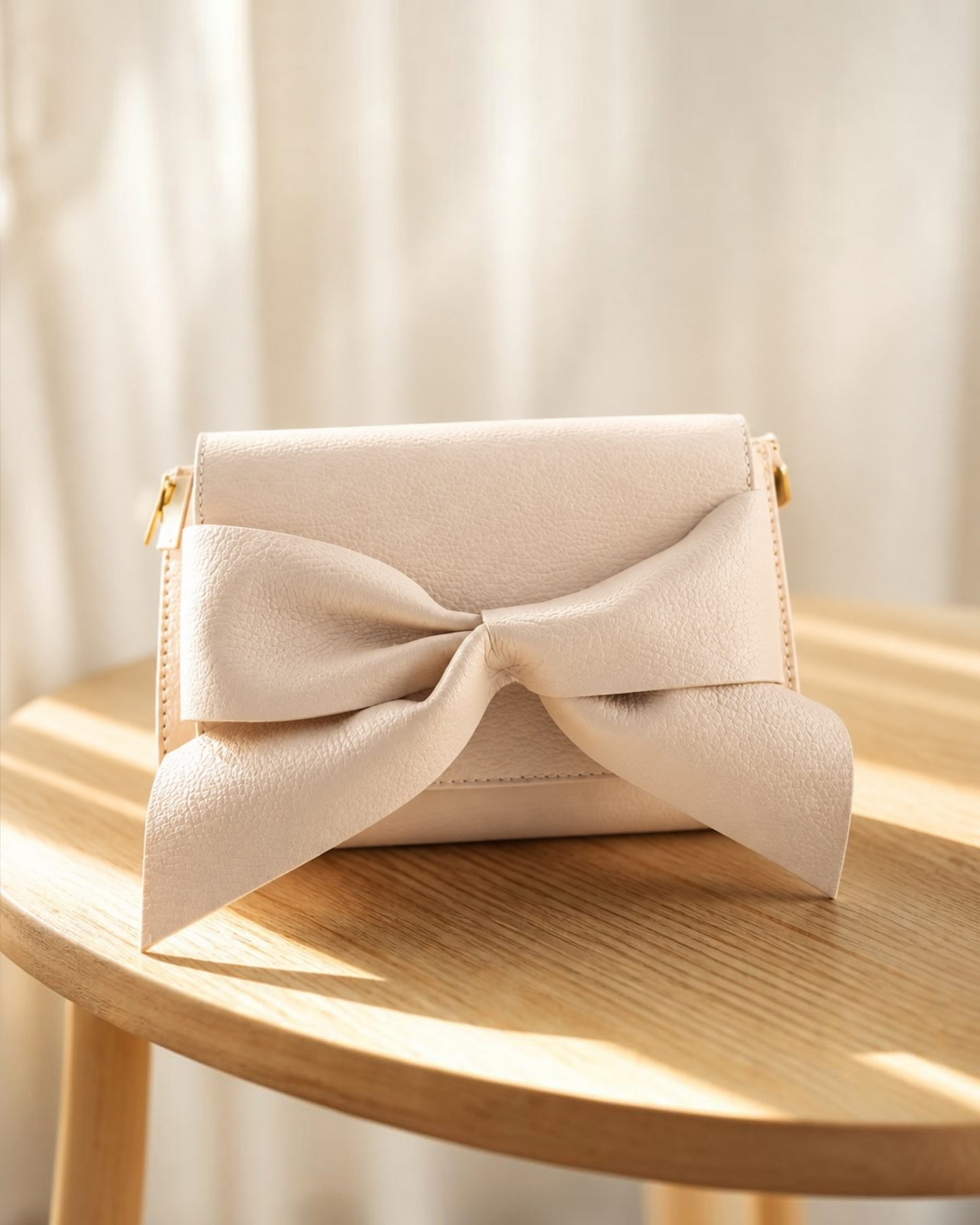 Lederen schoudertas met strik | Elegante crossbody damestas beige