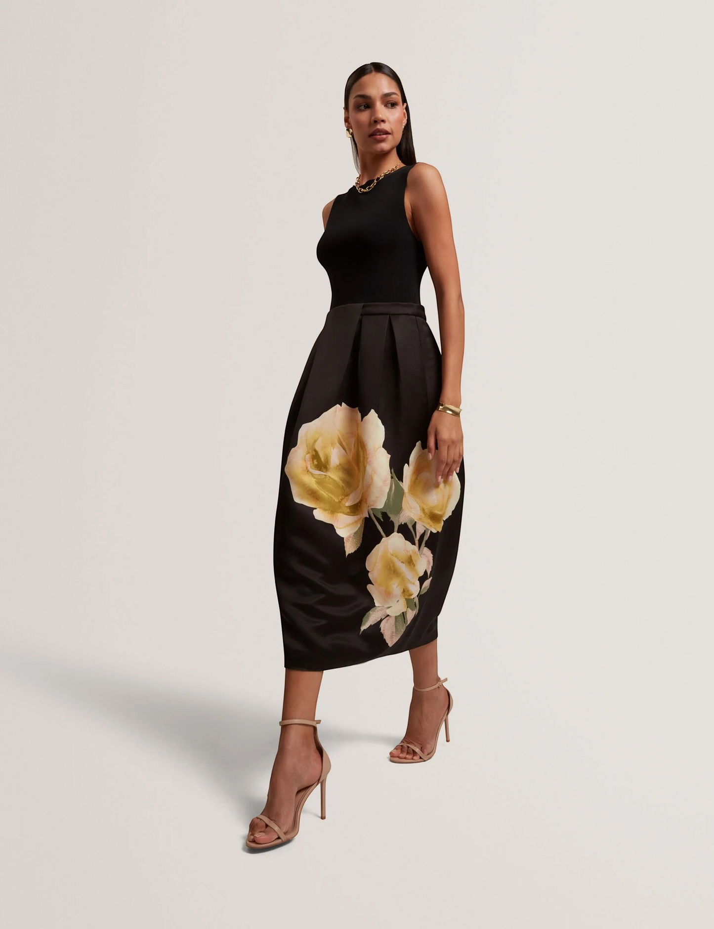 Ted Baker Verinie zwarte midi-jurk met rozenprint