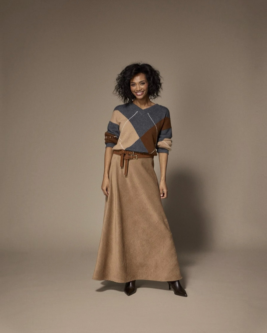 Lalotti Burlington Pull Grey/Camel – V-hals met Ruitpatroon