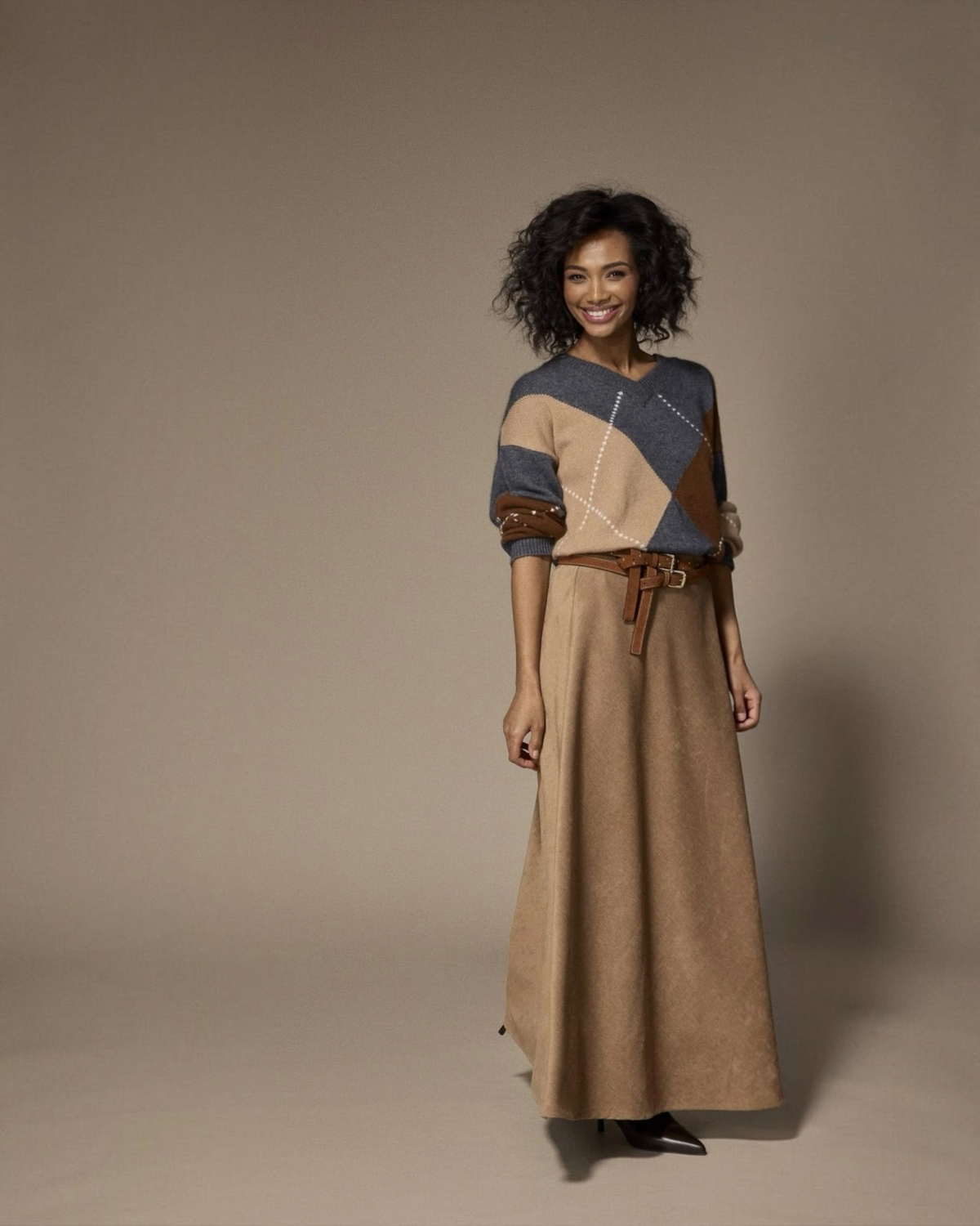 Lalotti Burlington Pull Grey/Camel – V-hals met Ruitpatroon