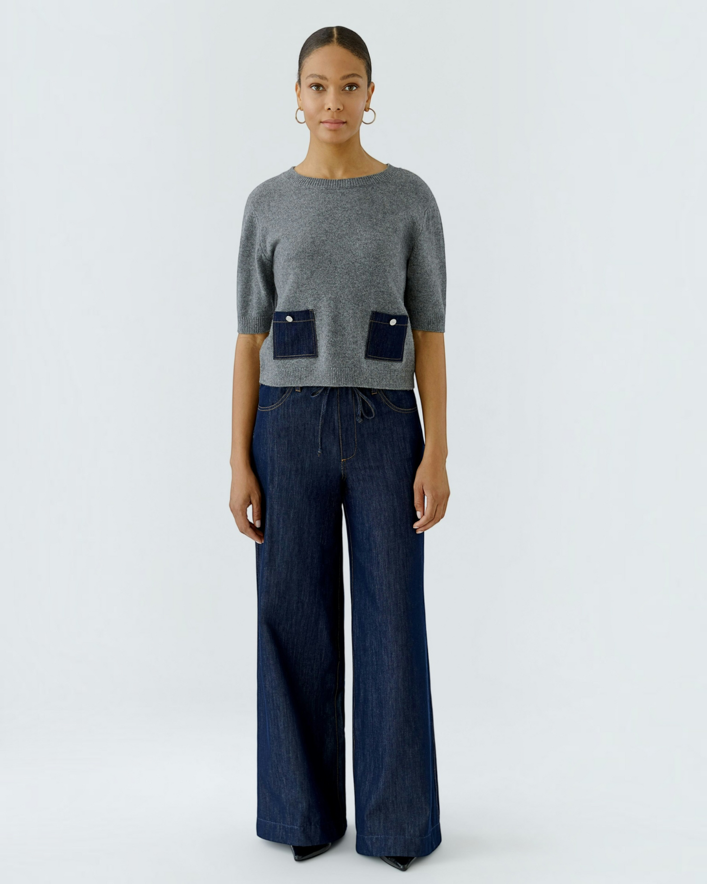 Oui dames trui grijs met denim zakken
