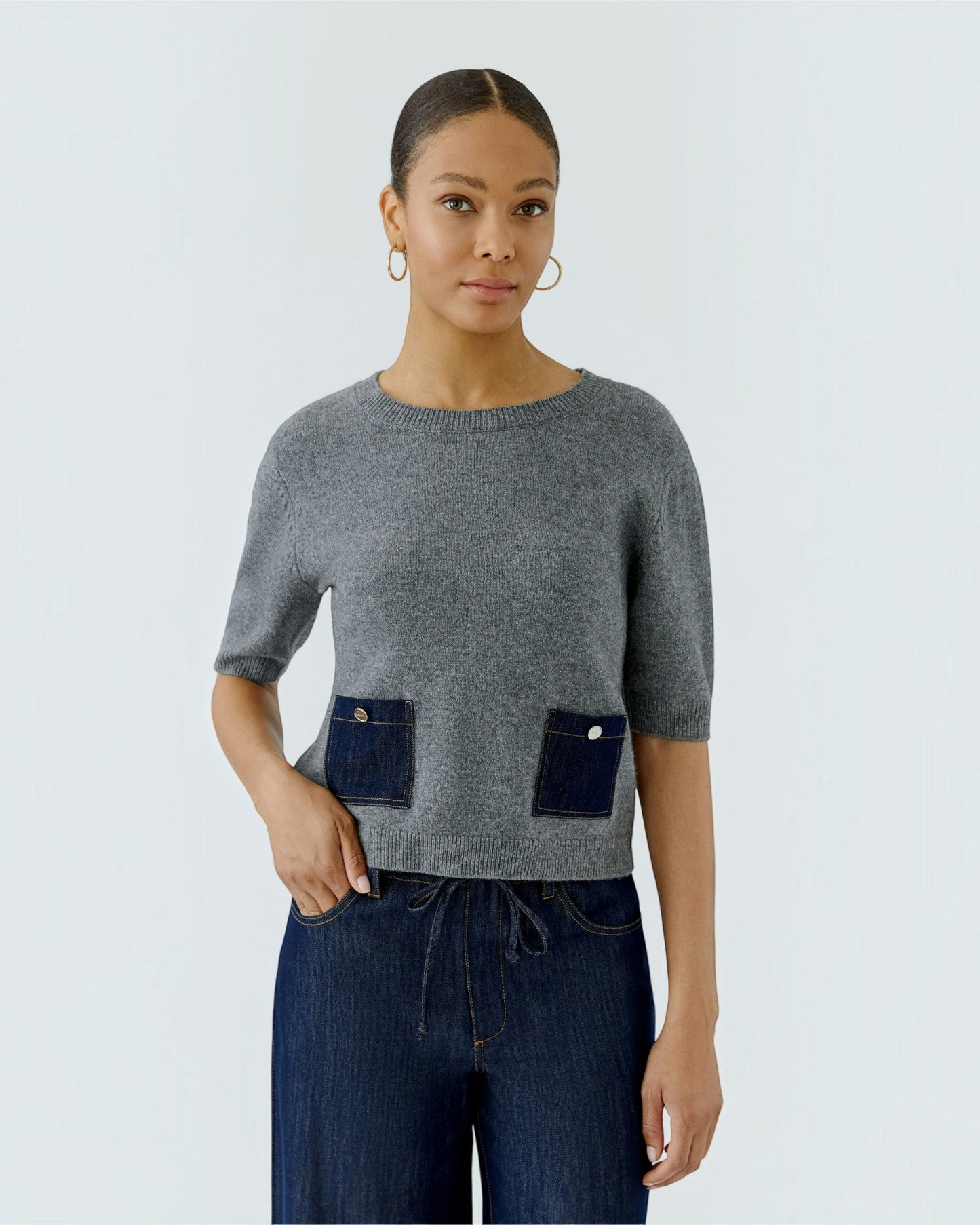 Oui dames trui grijs met denim zakken