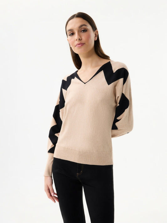 Leo&ugo - pull v-hals met contrast in de mouwen