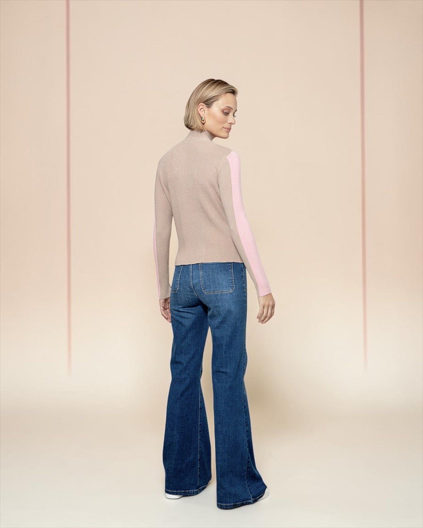 Catnoir trui met opstaande kraag in taupe & roze