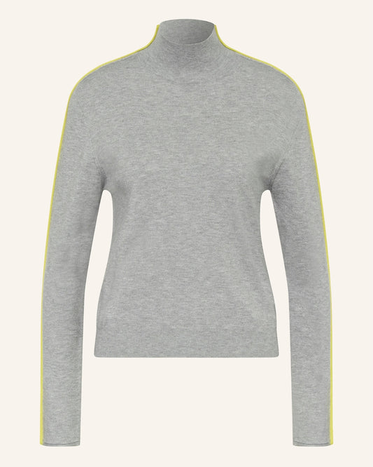 Catnoir grijze pull met opstaande kraag en contrastbies geel