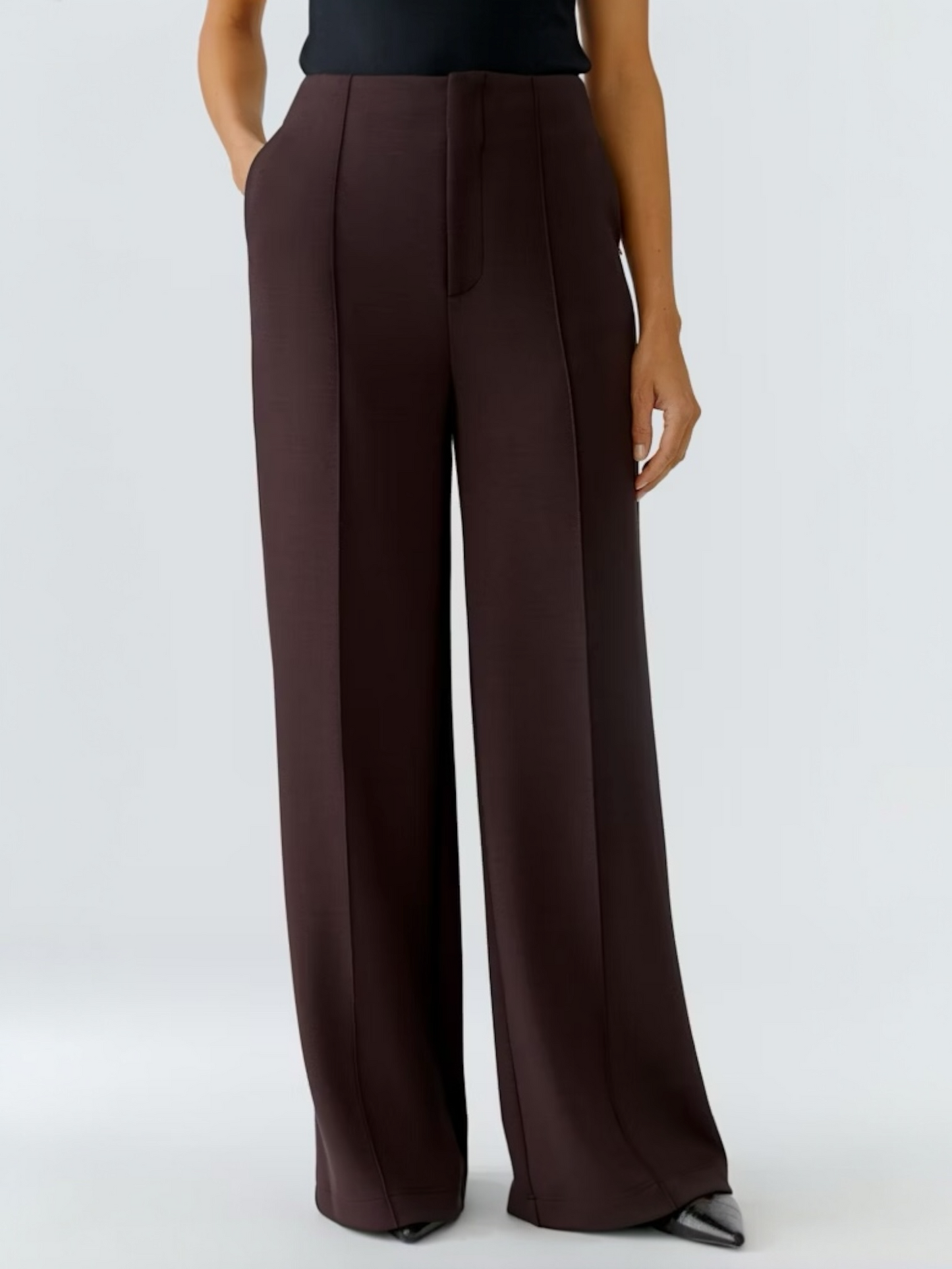 Oui - bruine wijde broek in scuba (85737)