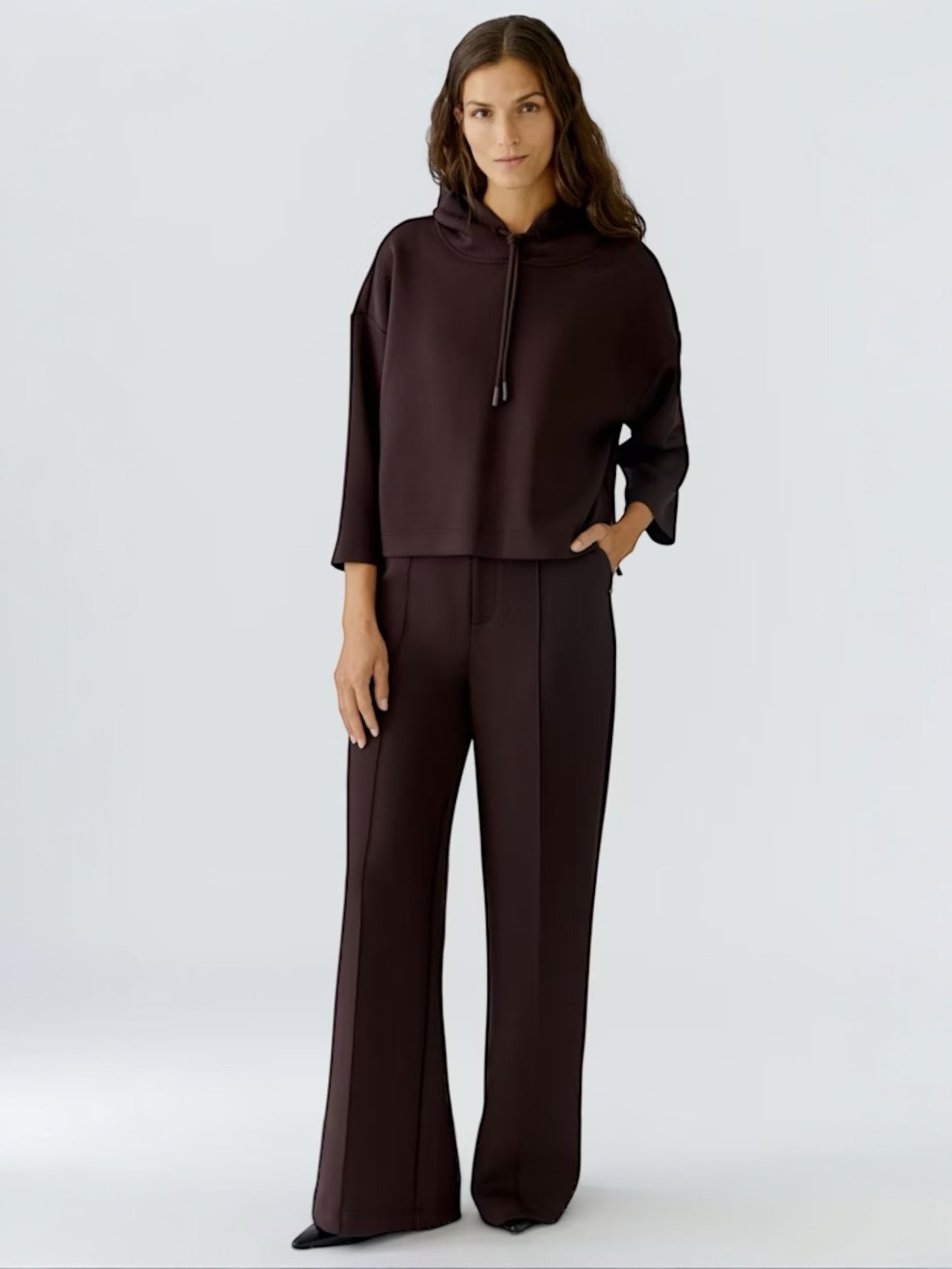 Oui - bruine wijde broek in scuba (85737)