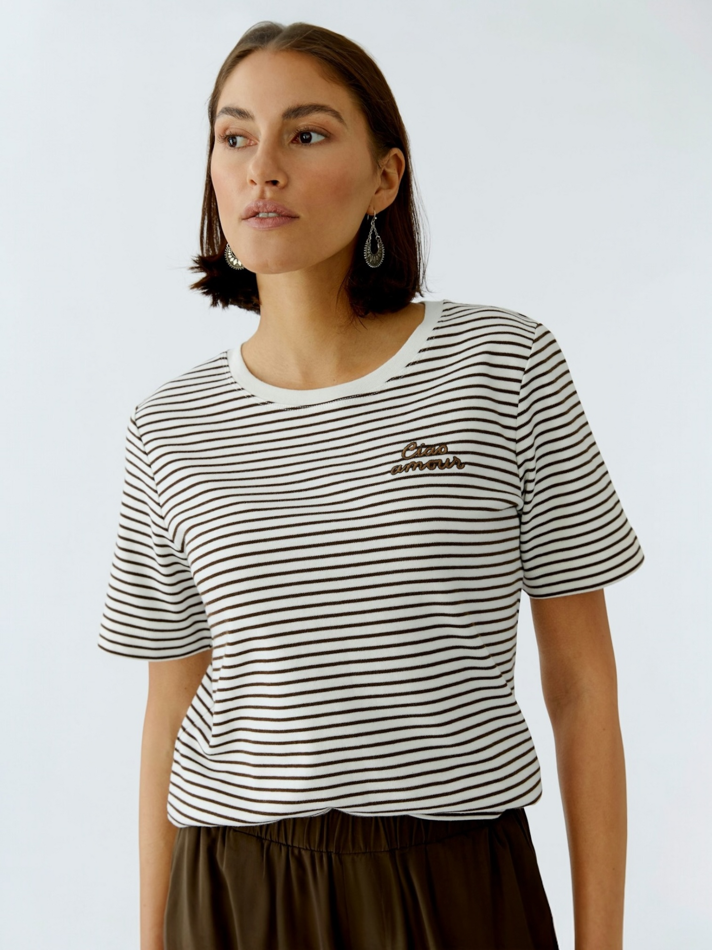 Oui - t-shirt off white/ dark brown