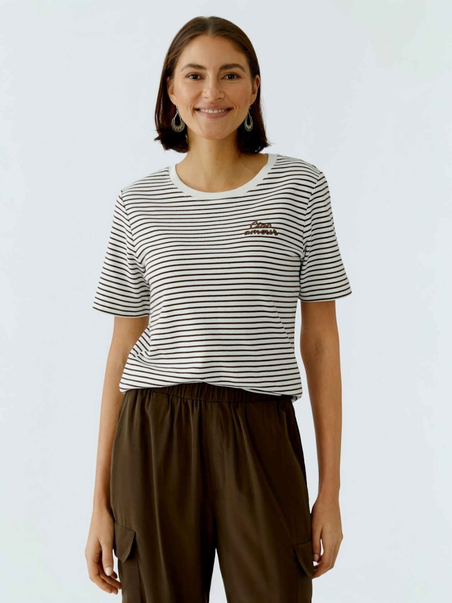 Oui - t-shirt off white/ dark brown