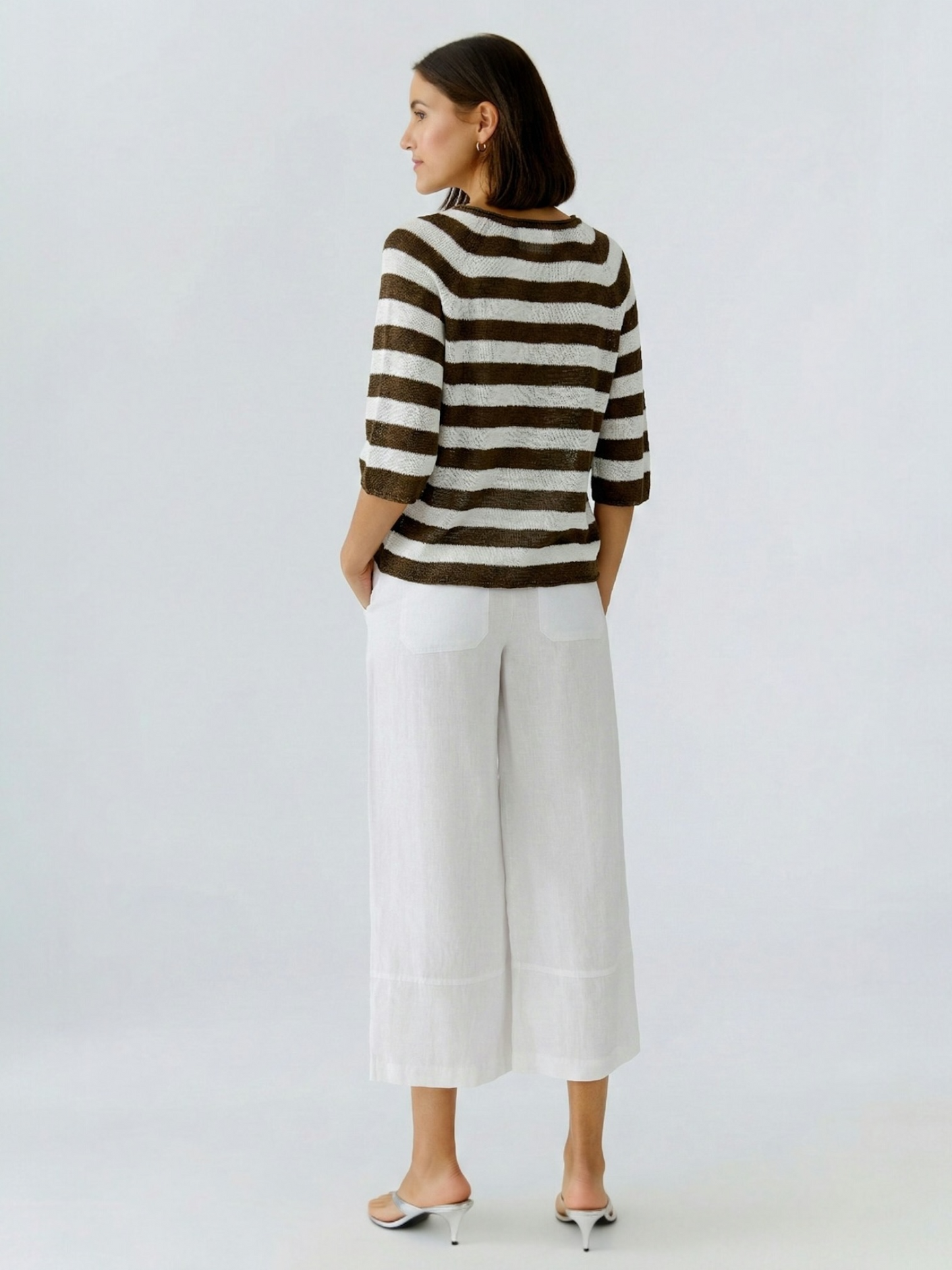 Oui - gestreepte pull ecru/bruin (97418)