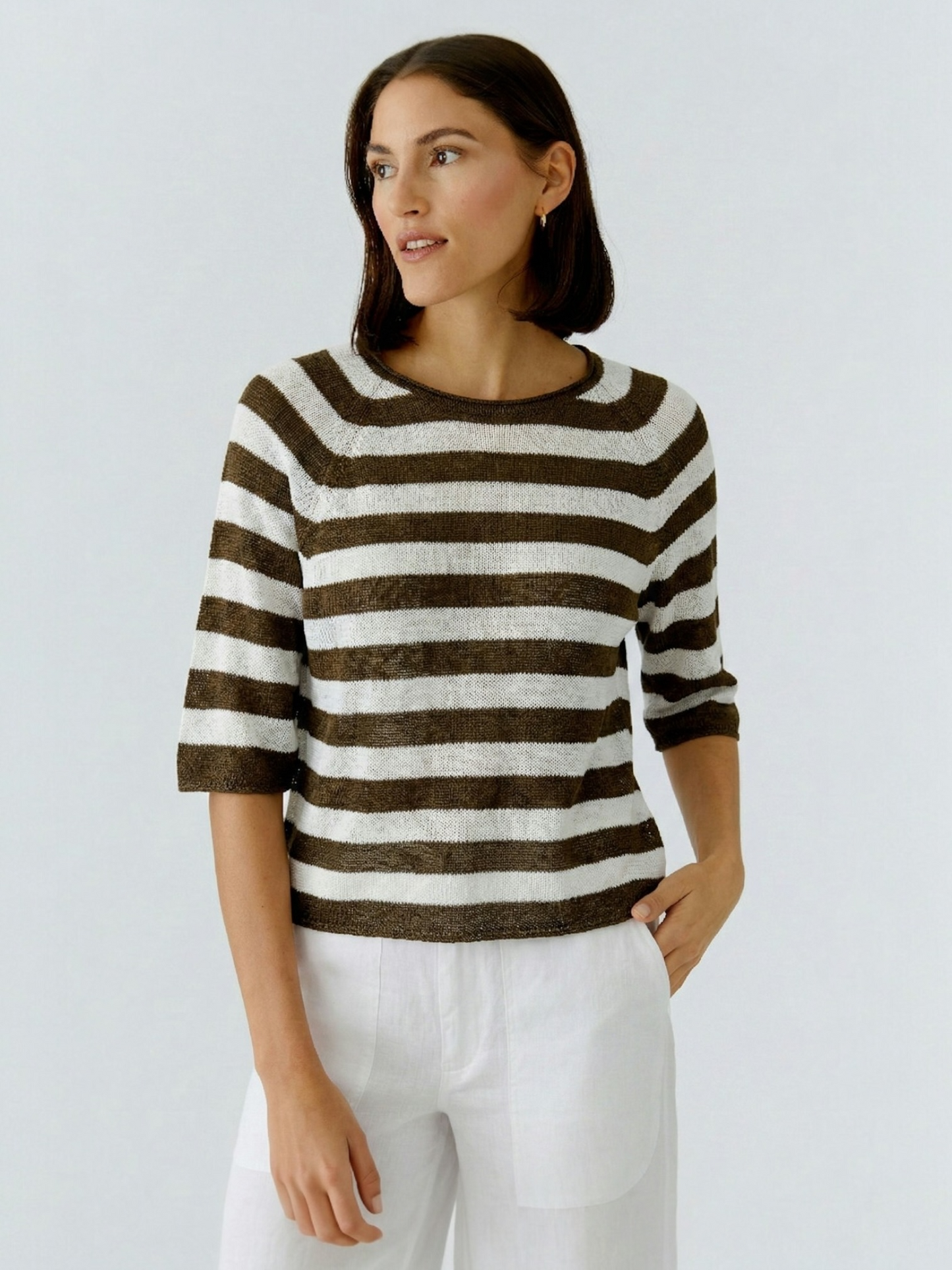 Oui - gestreepte pull ecru/bruin (97418)