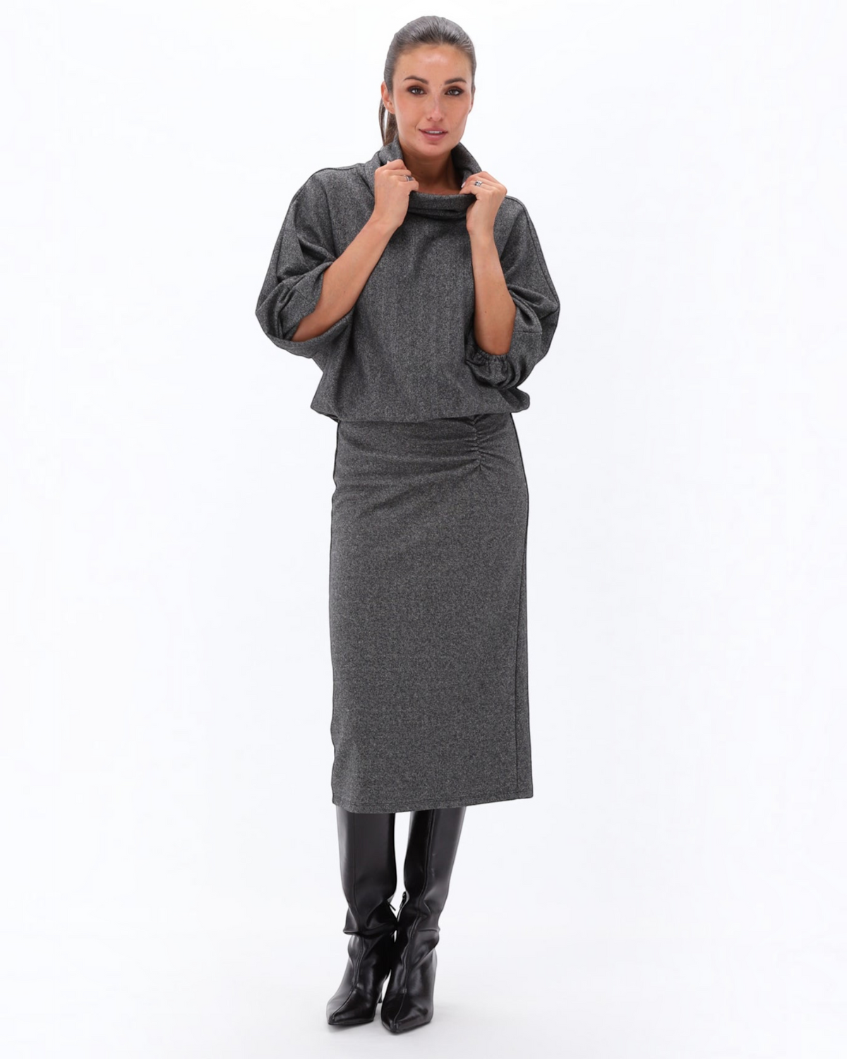 Donkergrijze midi jurk met col – You’re My Lobster