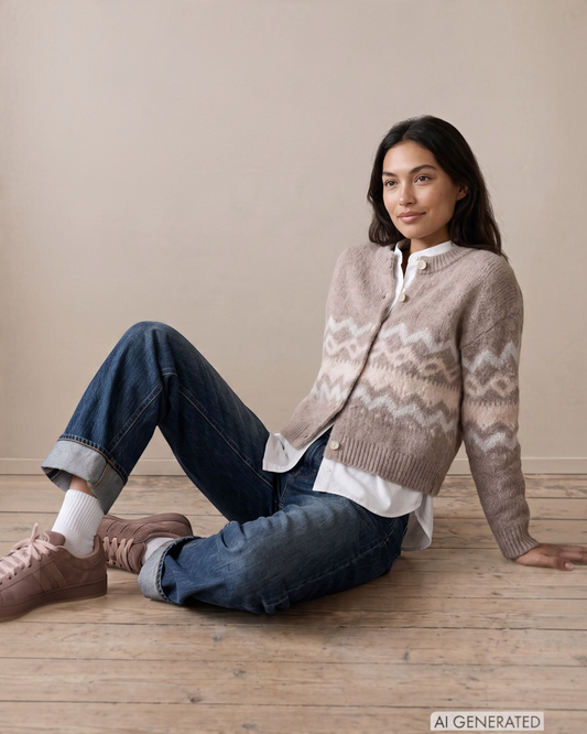 Gebreide cardigan met Noors patroon – Taupe – Fynch-Hatton