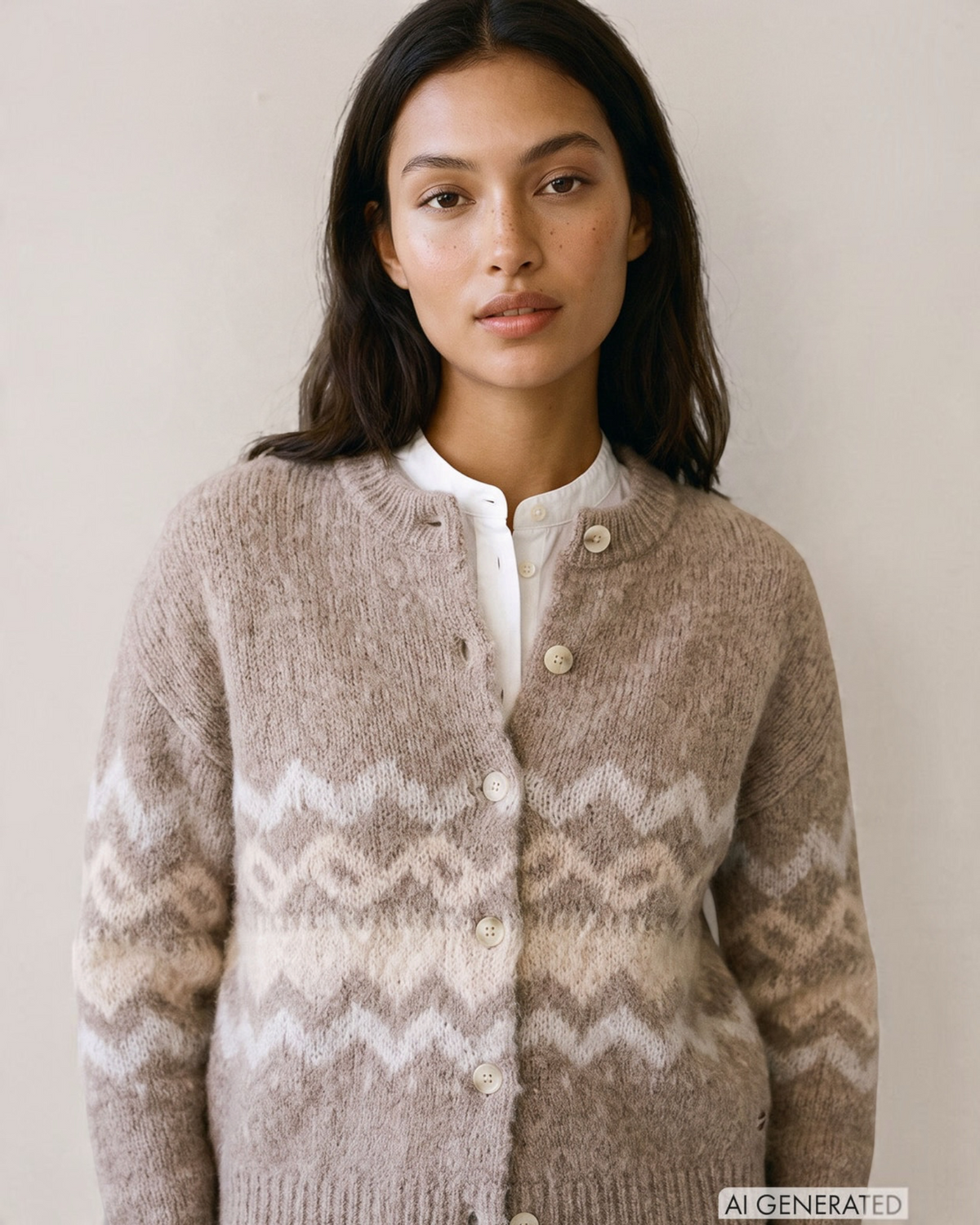 Gebreide cardigan met Noors patroon – Taupe – Fynch-Hatton
