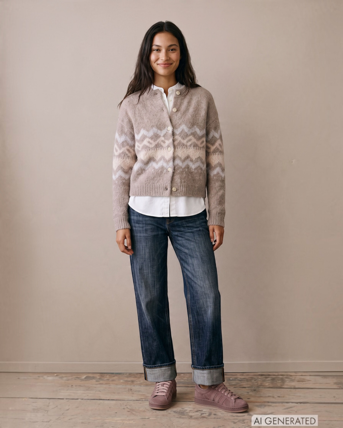Gebreide cardigan met Noors patroon – Taupe – Fynch-Hatton