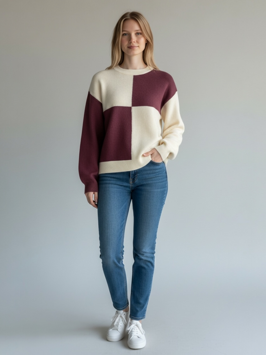 Ydence - KNITTED SWEATER CUBI | DARK PURPLE/ECRU