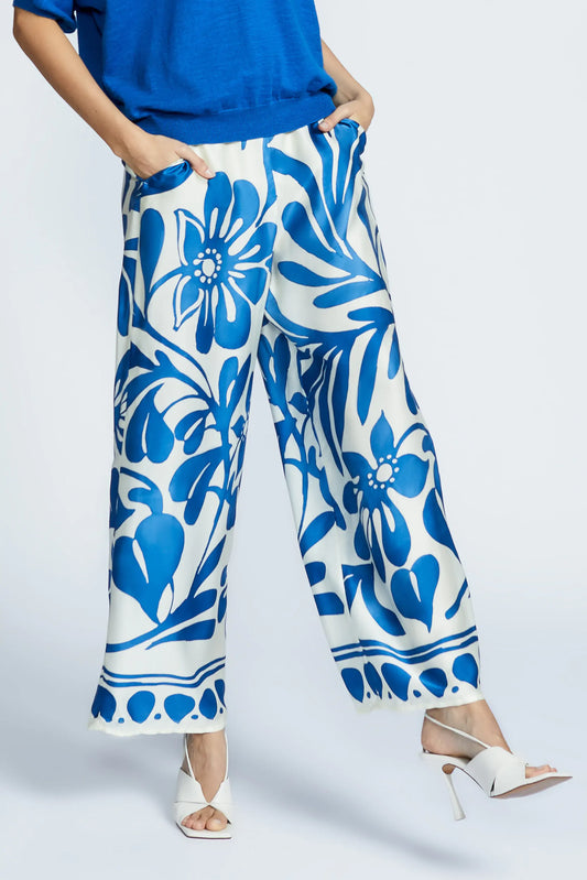 Broek op elastiek blauwe print Xandres